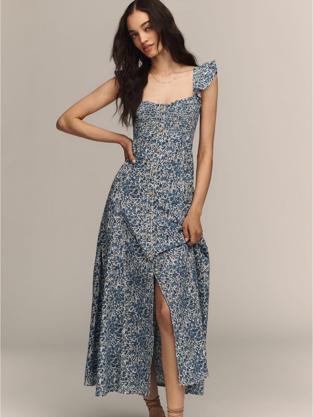 Anthropologie Pilcro Blue 100% Cotton Floral Maxi Dress with Ruffle Straps